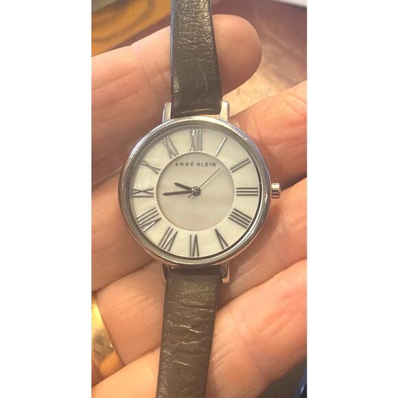 Women's Anne Klein 32mm Watch, Silver Tone Case, Black Band, MOP Face - Picture 1 of 4